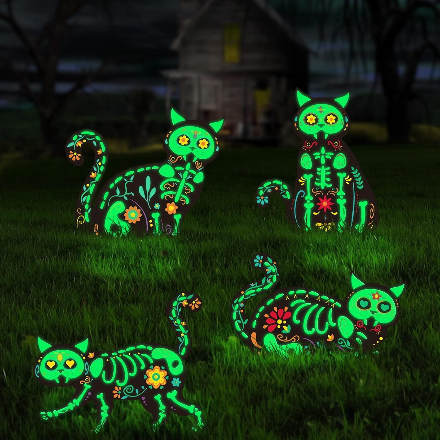 Yard Signs - SURCVIO Halloween Decorations Outdoor Yard Signs, 4 Pack Halloween Decor Fluorescence Black Cat with Colorful Pattern, Scary Home Front Yard Sign with Stakes for Yard Garden Party Outdoor Decoration