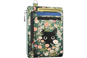 Hancynir Slim Wallet Women Credit Card Holder Cute Black Cat Floral RFID Small Mini Card Case Front Pocket PU Leather Thin Travel Zipper Coin Cash ID Window Girls Wallet Gifts