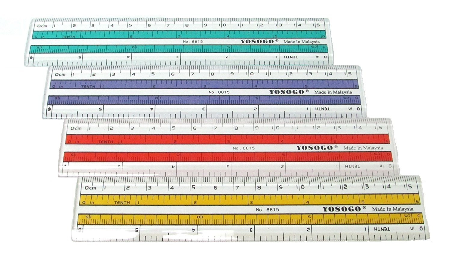 Yosogo 6 inch Rulers | 15 cm Rulers | Transparent Plastic Ruler | Pack of 12 of Premium Quality Rulers | Yellow, Green, Red and Blue
