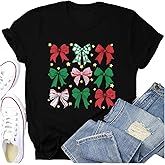 Potia Christmas Shirts for Womens Merry Christmas Tree Cute Bow T-Shirt Xmas Pink Ribbon Lights Tops