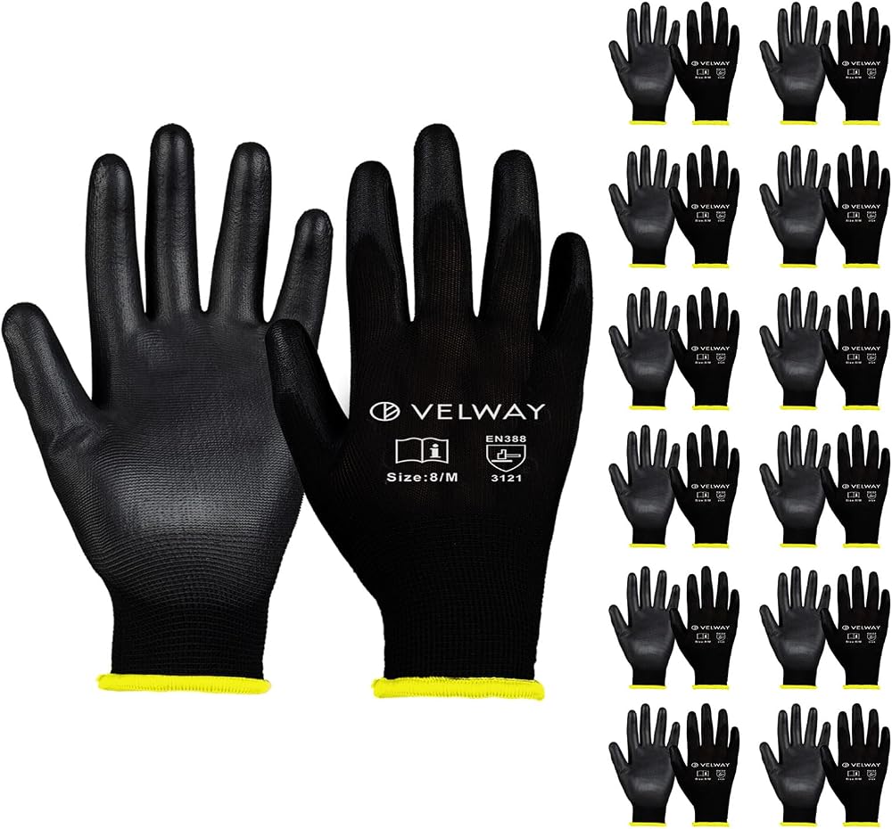 Velway 12 Pairs Safety Work Gloves PU Coated Non-Slip Grip Size M 8