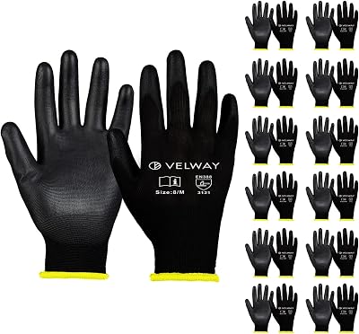 Velway 12 Pairs Safety Work Gloves PU Coated Non-Slip Grip Size M 8