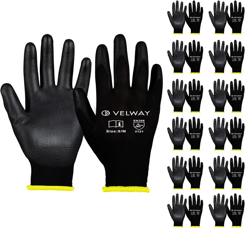 Velway 12 Pairs Safety Work Gloves PU Coated Non-Slip Grip Size M 8