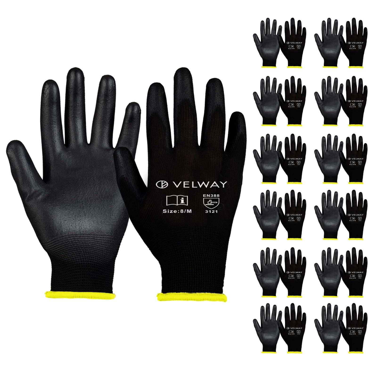 Velway 12 Pairs Safety Work Gloves - Firm Grip Non-Slip PU Coated Builders Gardening Gloves, Lightweight Breathable Protective EN388 Mechanic Working for Men Women Black (Size 8/M)