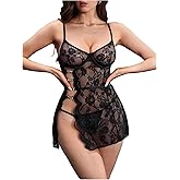 OYOANGLE Women's 2 Piece Lingerie Set Lace Mesh Side Slit Chemise Underwire Nightgown with Thongs Sleepwear