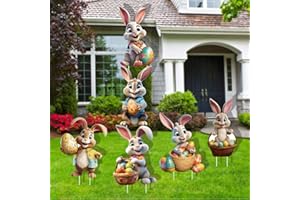 CINIQY 6PCS Up to 48 inches Easter Outdoor Decorations Lawn Yard Signs with Stakes, Waterproof PP Safe Material Cute Bunny and Egg Hunt Sign, Funny Rabbits Eggs Basket Decor, Garden Easter Outside Ornaments