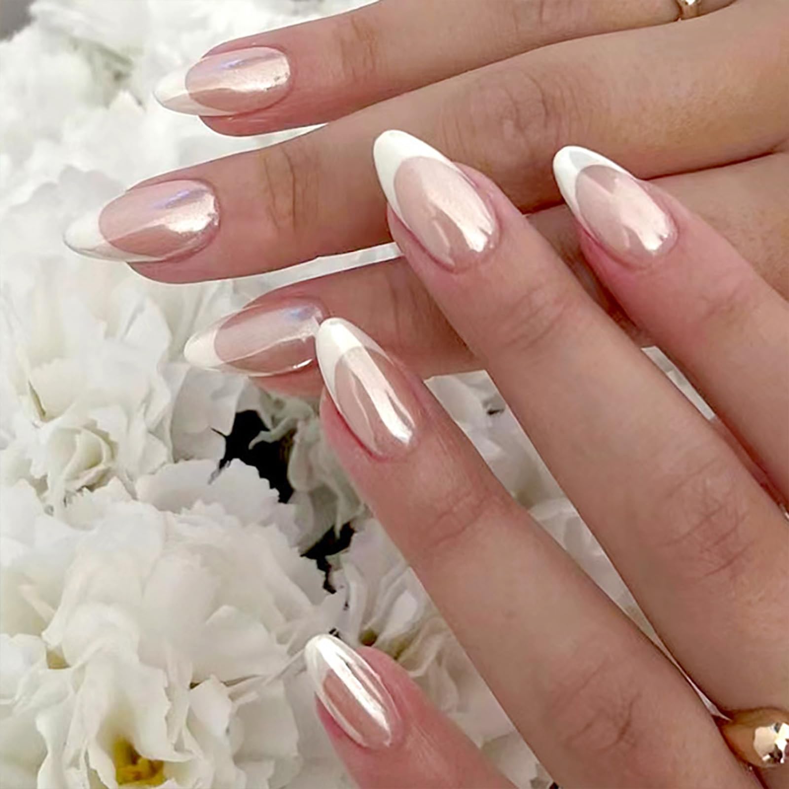 Chrome Press on Nails Short Almond Fake Nails White French Tip Nails Press ons Glossy Glue on Nails French Acrylic Nails Nude False Nails Artificial Stick on Nails for Women 30 Pcs