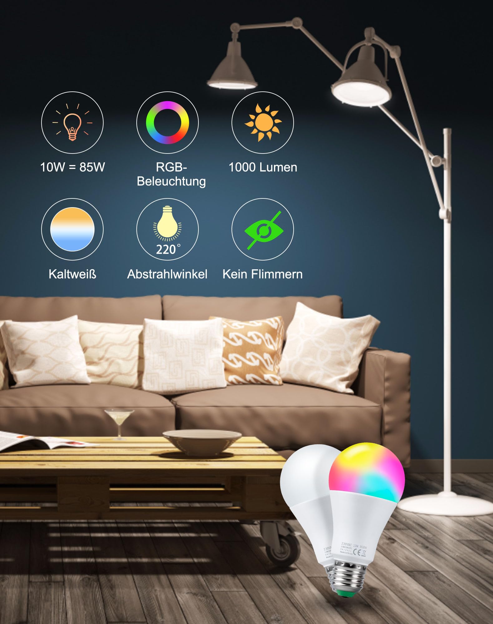 REYLAX Glühbirne mit Fernbedienung, E27 LED Birne RGB und Kaltweiss Bunt 7