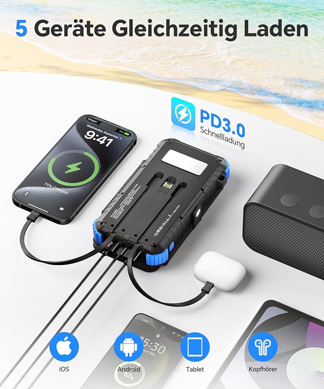 Solar Powerbank 20000mAh mit 4 Solarpanel, Powerbank mit 3 Kabeln — Foto 4 von 8