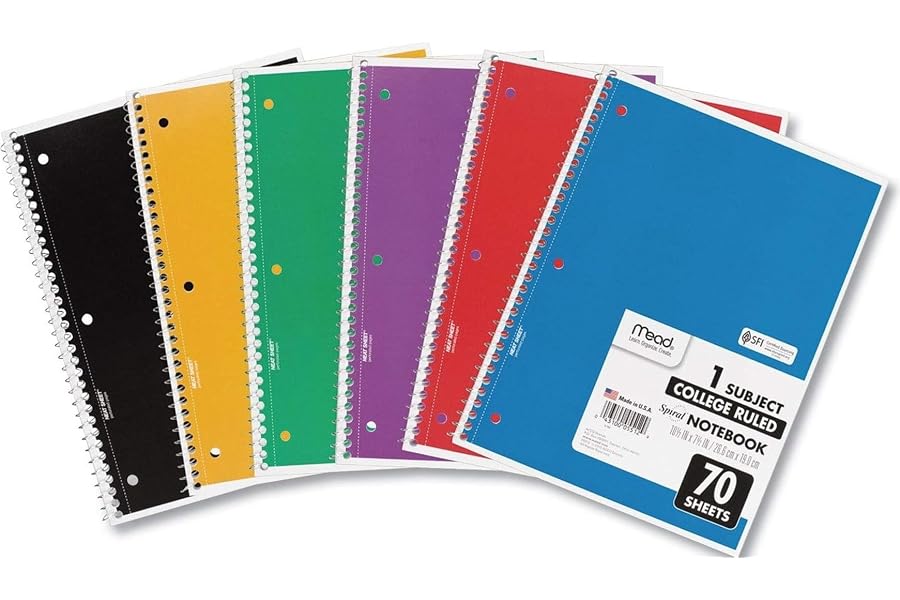 Mead Spiral Notebook, 1 Subject, College Ruled Paper, 7-1/2" x 10-1/2", 70 Sheets per Notebook, Colors Will Vary, 6 Pack (73065)