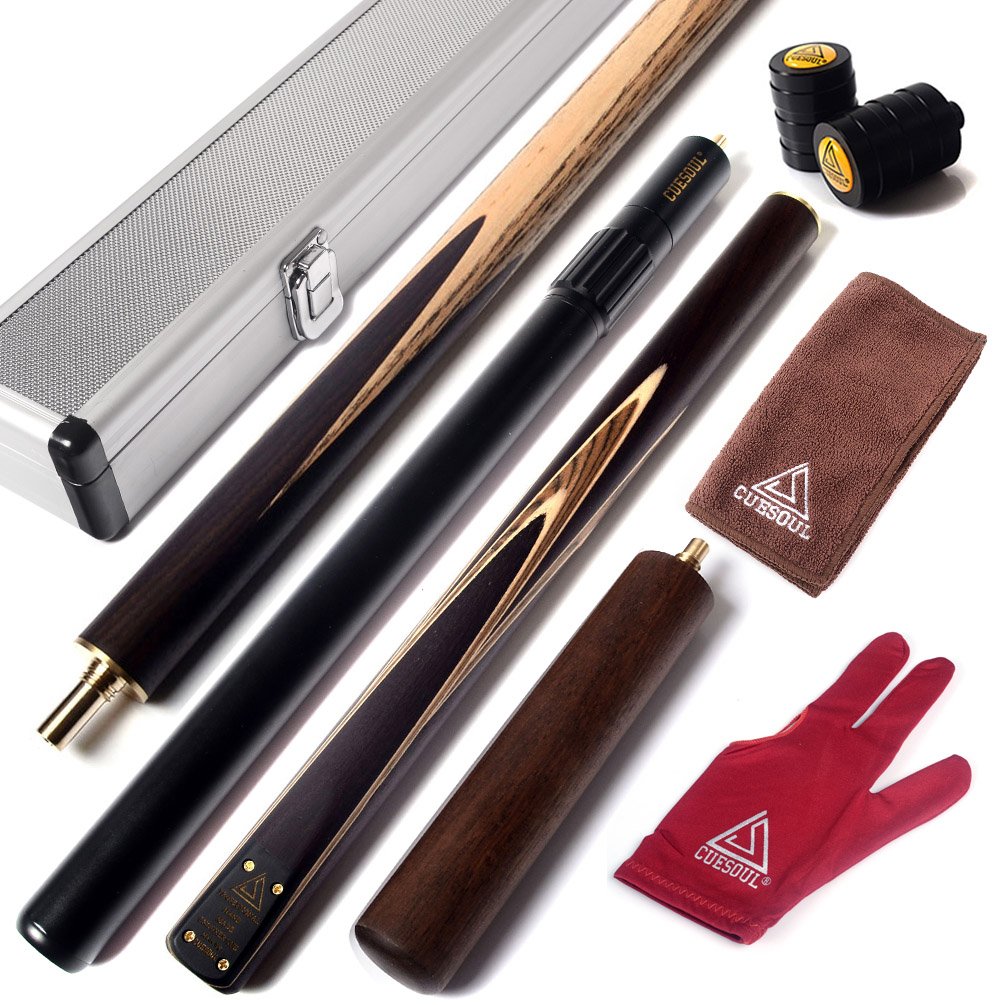 CUESOUL 57" 3/4 Jointed Snooker Billiard Pool Cue Handcrafted 18oz with Telescopic Aluminium Extension & 6" Walnut Extension, Ash Shaft & Walnut Butt, in Aluminium Cue Case, 9.5mm Tip Snooker Cue Set