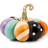 MACKENZIE-CHILDS Resin Squashed Pumpkin, Small, Whimsy Patchwork | Hand-painted design, decorative fall, Halloween, and Thanksgiving figure, 9.25" dia. x 6.5" H