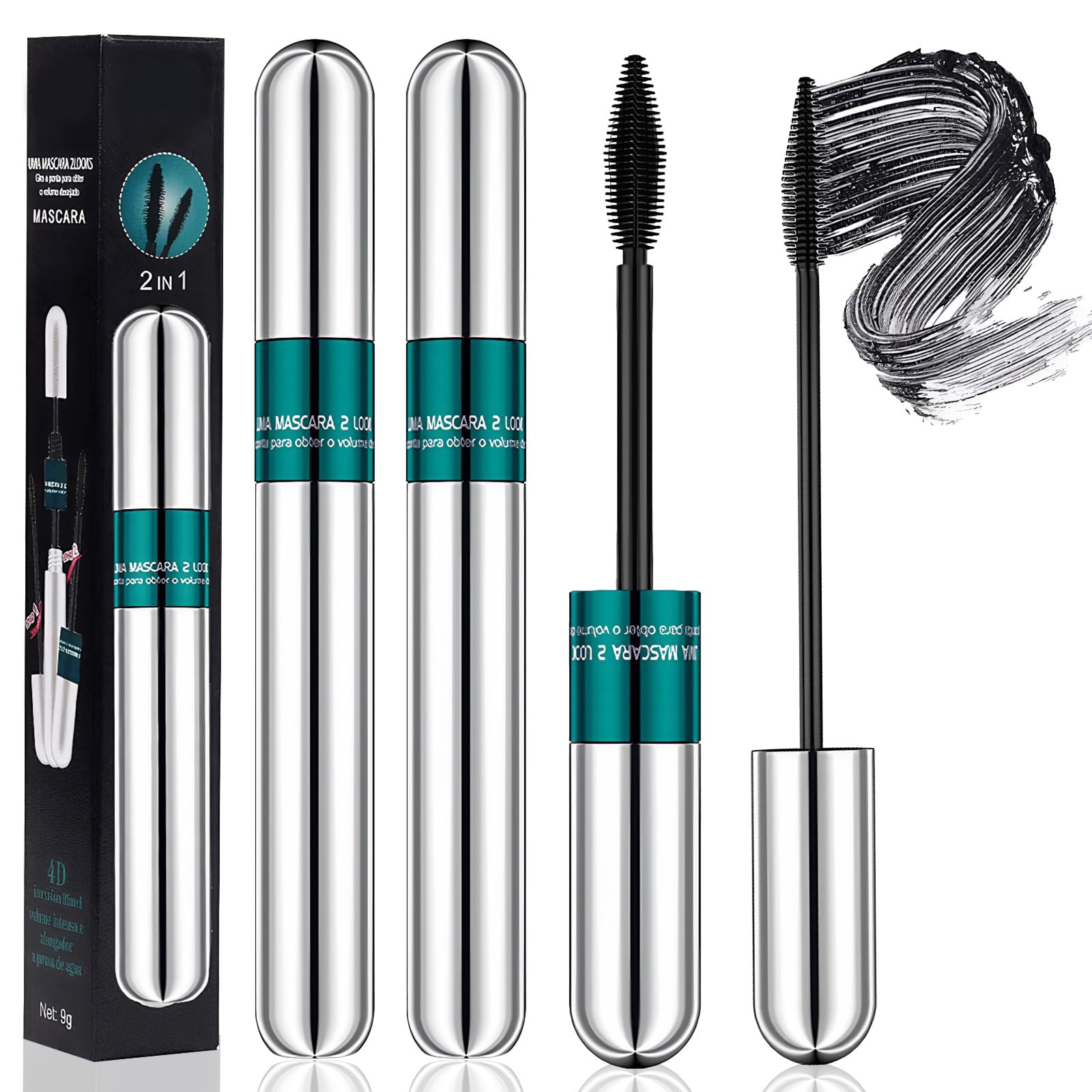 Bettinay 2PCS 4D Waterproof Silk Fiber Lash Mascara, 2 in 1 Lengthening Mascara