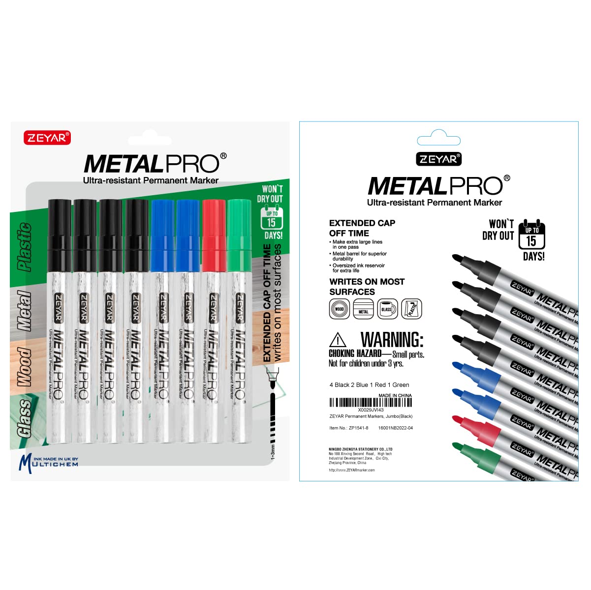 ZEYAR Permanent Markers, Medium Bullet Tip, Aluminum Barrel, Waterproof ink, Quick Dry, Great on Plastic,Wood,Stone,Metal and Glass (4 Black&2 Blue&1 Green&1 Red)