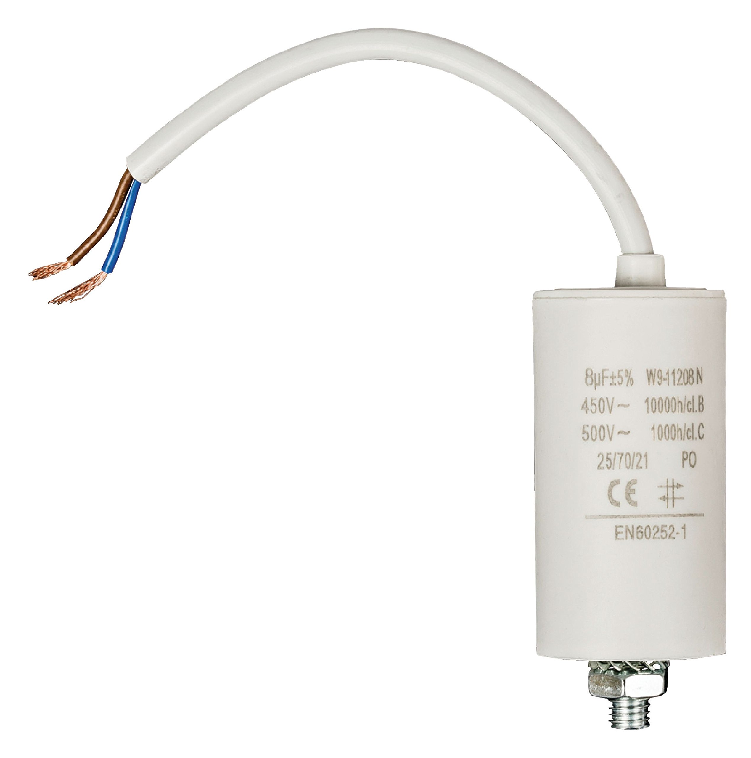 Invero Washing Machine Motor Capacitor 8.0uf - 450V Wired 250mm Cable - Dimensions: 35 x 69 mm - White