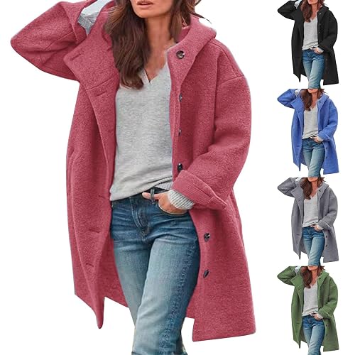 Trench Coats For Women Winter Casual Wool Pea Coat Jackets Ladies Casual Loose Jacket Windproof Outwear With Pockets Fuzzy Fleece Hooded Open Front Long Cardigan Coat Winter Warm Outerwear Hot Pink