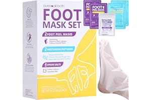 Foot Masks Puresoak Bath Foot Peel Mask (2 Pairs) + Moisturizing Foot Mask (2 Pairs) with 1Pack Epsom Salt Foot Spa Bath Kit Gift Set Lavender Bliss Foot Peel Mask for Women & Men