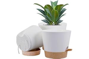 UOUZ 10/9/8 inch Plant Pots Indoor, Set of 3 Self Watering Plant Pot Plastic with Drainage Holes Deep Reservoir for Indoor Outdoor Plants and Flowers, White with Brown