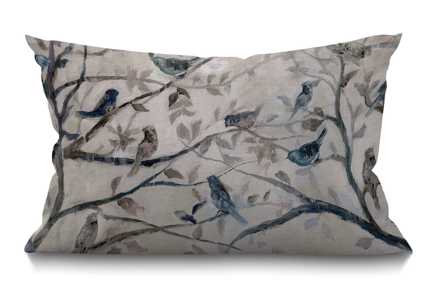 BGBDEIA Cushion Cover Ink Painting Blue Grey Lovely Birds branch Tree Leaves Rectangle Outdoor Cushion Covers 12x20 inch, 30 x 50 cm Cushion Cover with Invisible Zip for Sofa Chair Living Room