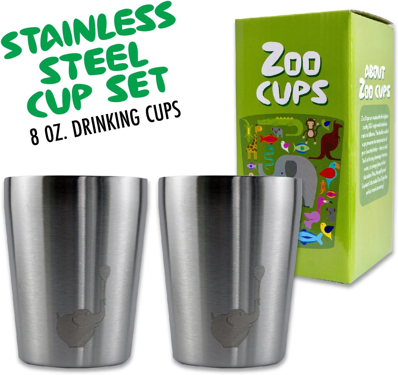 Zoo Cups Stainless Steel Cup Set for Kids, 2 Double Wall Insulated 8 oz Cups, BPA Free Small Drinking Cups for Children or Toddlers