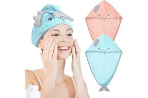 2 Pack Hair Drying Towel with Button, Super Absorbent, Microfiber Towel Hair Turbans for Curly Hair Long & Short Hair(Blue an