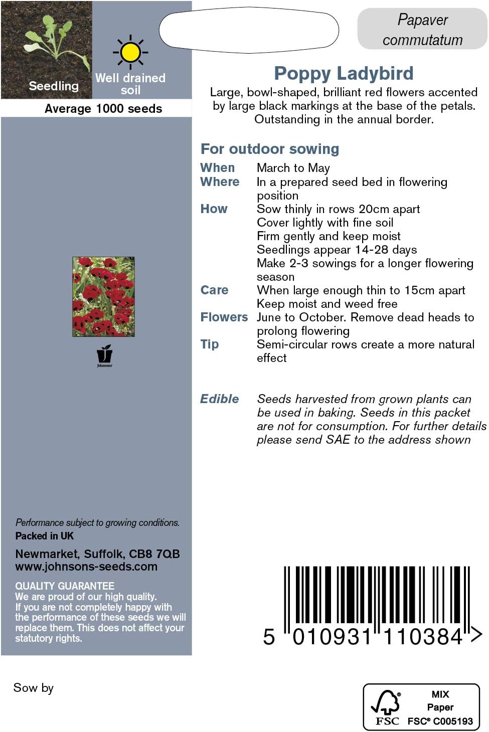 Johnsons 14683 Flower Seeds, Poppy Ladybird, Red & Black - Image 3