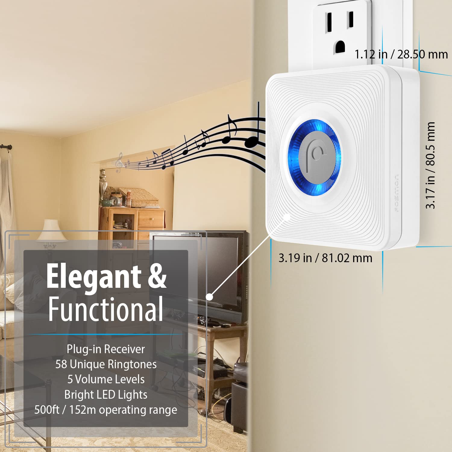 Fosmon WaveLink Wireless Door Chime with 500 Feet Range, 58 Tunes, 5 Volume Levels & LED Indicators for Home/Business/Office (1 Receiver + 1 Sensor)