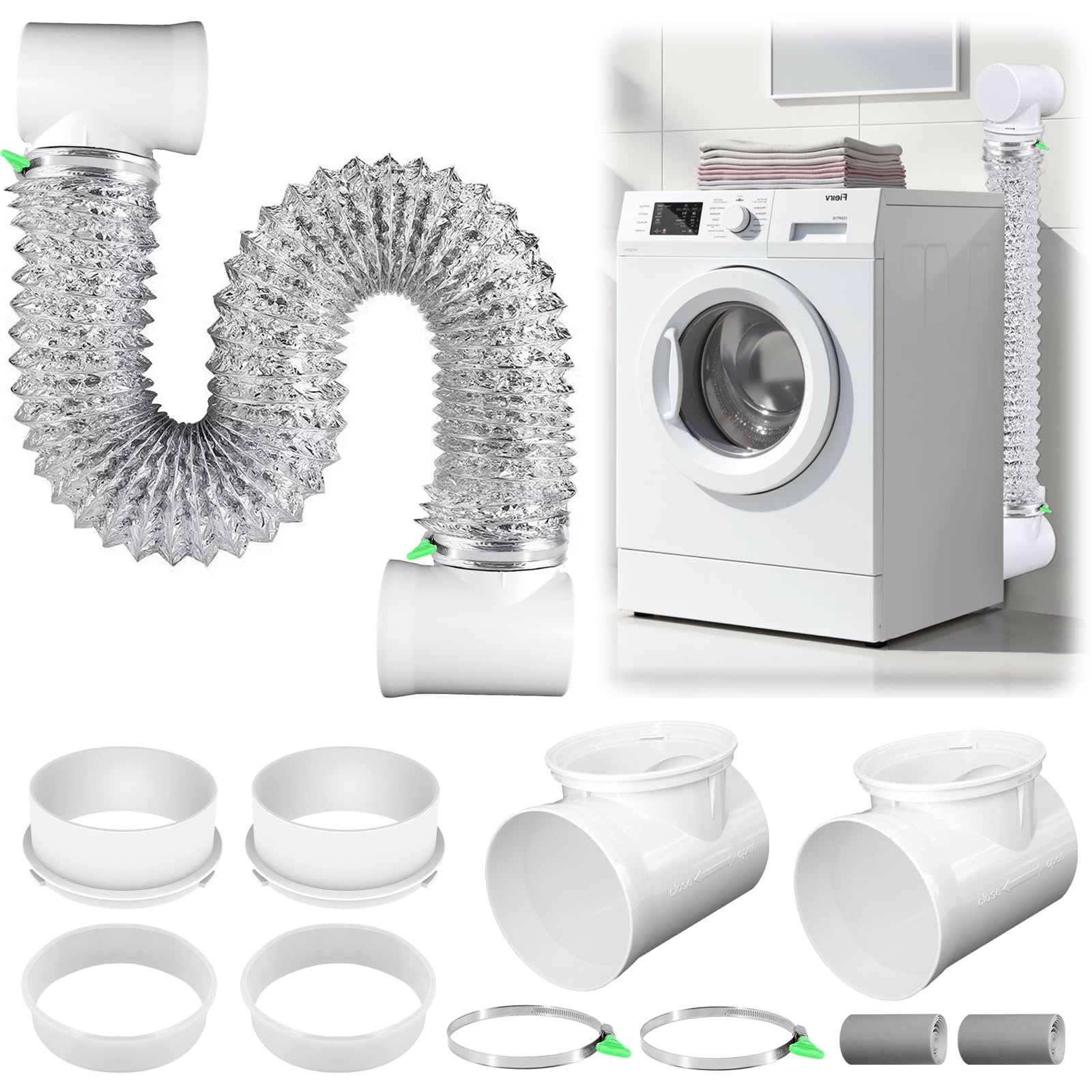 Photo 1 of Silver Dryer Vent Hose for Tight Space Includes 2 90-degree Dryer Vent Elbow and 1 Dryer Vents Duct, Flexible Dryer Hose Vent Kit-Space Saving, Indoor Dryers Vents Connector, Easy installation