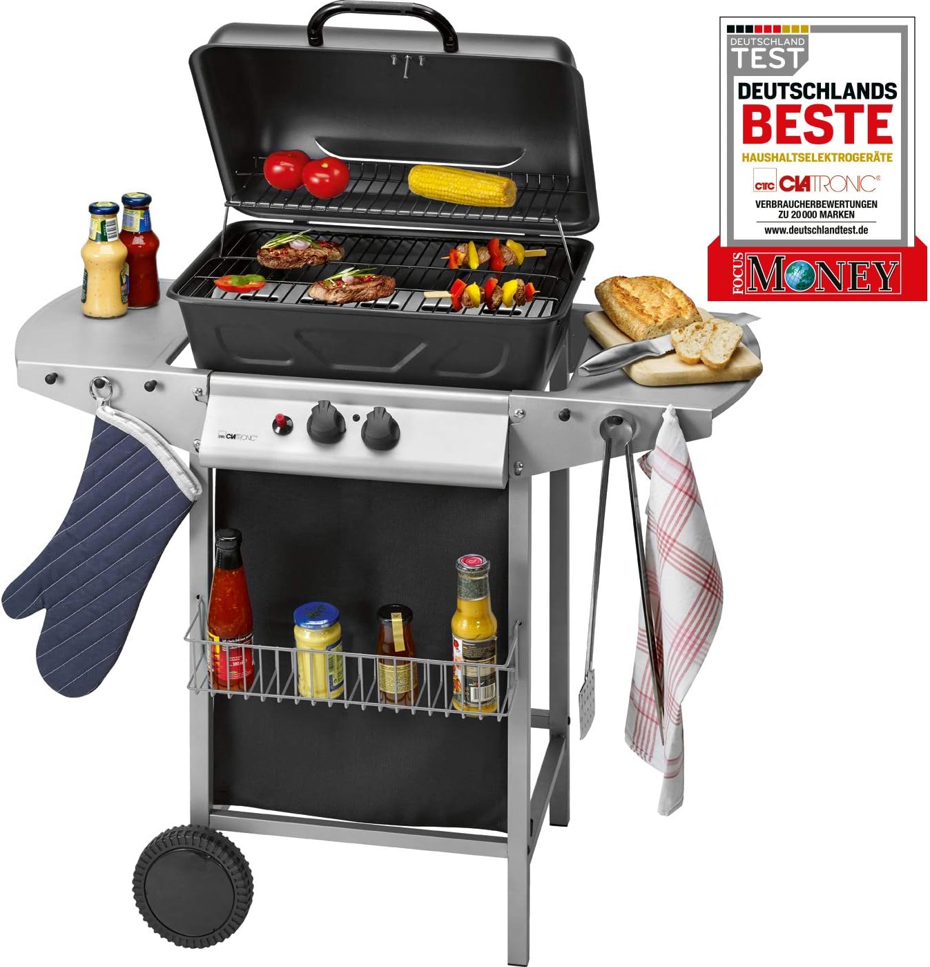 Clatronic GG 3590 Gasgrill 2 Brenner, 2 Heizzonen für individuelle Temperatursteuerung, stufenlose Temperatureinstellung, herausnehmbarer Fettauffangbehälter, Temperaturanzeige