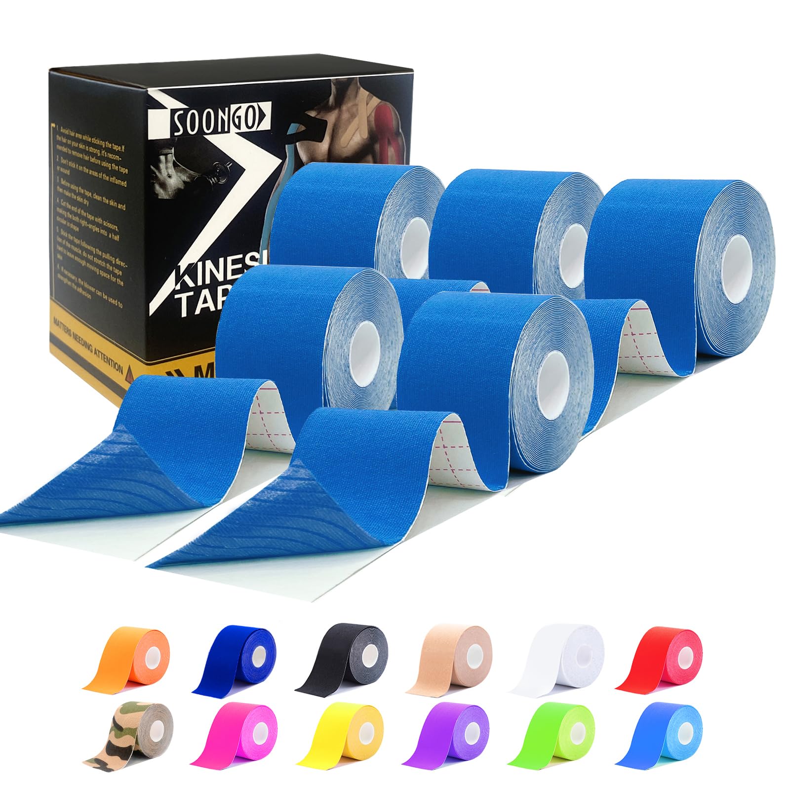 Kinesiology Tape Rock Tape Physio Tape 5m roll, Elastic Therapeutic Sports Tape for Shoulder, Ankle, Elbow, Wrist, Knee Support, Waterproof Physiotherapy Body Tape for Muscle Pain by SOONGO (Blue)
