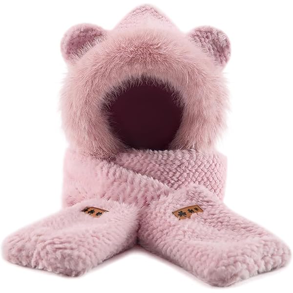 Women\'s Pink Hooded Scarf Cute Bear Ear Hat Faux Fur Gloves Set Soft Hooded Scarf for Women Winter, Cute Bear Ear Hat Scarf 3 in  main image 4