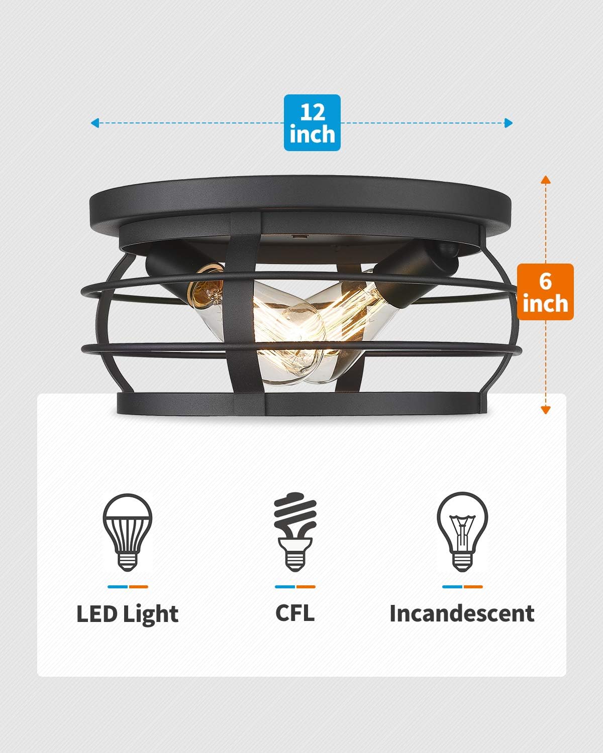 FEMILA Industrial Flush Mount Ceiling Light, 12inch Farmhouse Metal Cage Close to Ceiling Lighting Fixture, Black Finish, 4FD21-F BK - - 