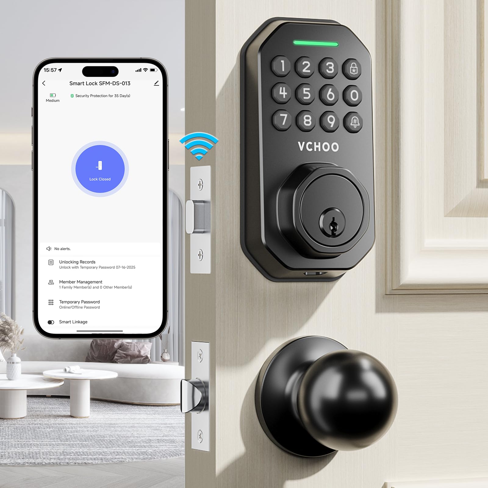 Photo 1 of VCHOO Keyless Entry Door Lock Set WiFi Smart App Control Door Lock for Front Door Keypad Deadbolt with 2 Knobs Auto Lock One Time Codes Easy Install, Black
