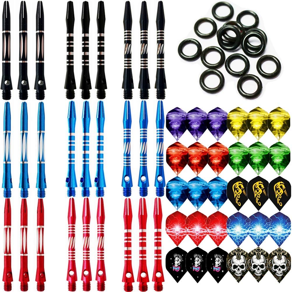 JpGdn 87 Pcs Darts Shafts and Flights Aluminum 2BA Medium Dart Stems Assorted Thread Throwing Fitting with O'ring for Indoor Dart Games Professional Dart Accessories