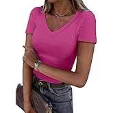 ANRABESS Women Short Sleeve V Neck Ribbed Knit Fitted Shirts Basic Tees Tops 2026 Summer Casual T-Shirts Going Out Outfits