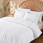 Manyshofu 5Pcs Boho King Duvet Cover Set - Tufted White Duvet Cover Pattern, Shabby Chic Boho Bedding Set Textured Comforter Covers with Embroidery Pillow Shams