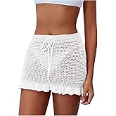 Milumia Women's Crochet Cover Up Hollow Tie Front Ruffle Beach Mini Skirts Bathing Suit