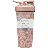 BlenderBottle Sport Flip Shaker Cup Insulated Stainless Steel Water Bottle with Wire Whisk, 25-Ounce, Brown Flowers