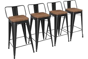 Yongchuang 24" Metal Barstools Set of 4 Counter Bar Stools with Wood Top Low Back Matte Black