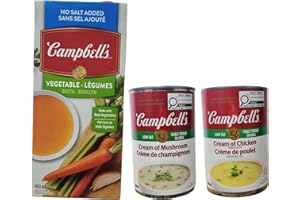 Campbell's No Salt Added Vegetable Broth 900 ml, Low Fat Condensed Cream of Mushroom Soup & Low Fat Cream of Chicken Soup 284