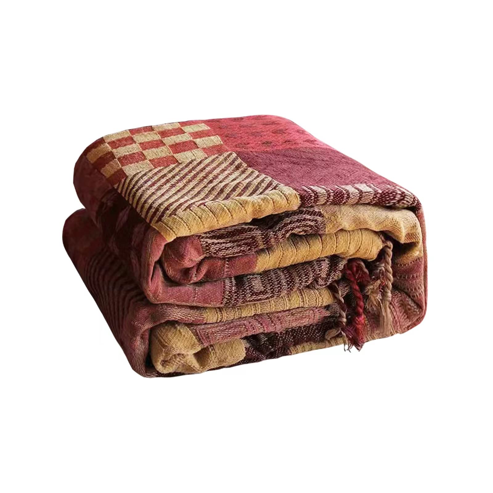 VANJOROY 100% Chenille Bohemian Large Sofa Throw Blanket For 2 3 Seater Settees, Luxury Soft Patchwork Bed Throw for Couch Bedspreads Rug Bed Gifts -150×190cm,Wine Red