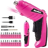 Durofort Pink Cordless Electric Screwdriver Set, 3.7V Rechargeable Small Electric Drill with 25pcs Driver Bit Set, Power 3Nm Screw Gun with 2 Position Handle, Flexible Shaft LED Light for Women