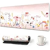 ARTSO Large Gaming Mouse Pad with Stitched Edges, XXL Extended Keyboard Mat Long Mousepad Desk Decor Writing Pad 35.1x15.7 in, Non-Slip Base for Work, Game, Office, Home, Pink Flower Plant