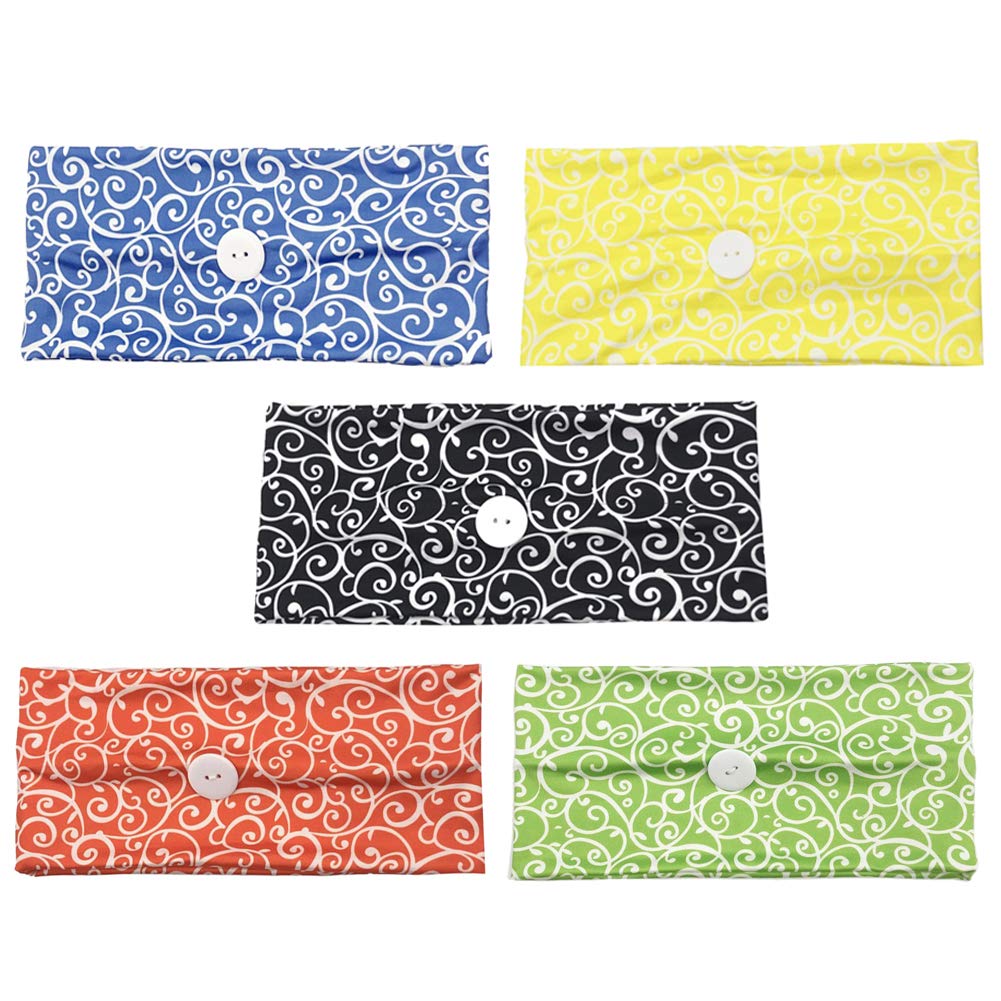 Jamron 1-5Sets Fashion Headbands with Button for Working Yoga Sports Workout-Ear Protection,Reversible,Non Slip,Stretchy 5 Sets