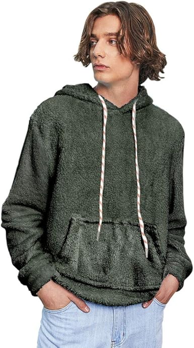 solid pouch fluffy hoodie
