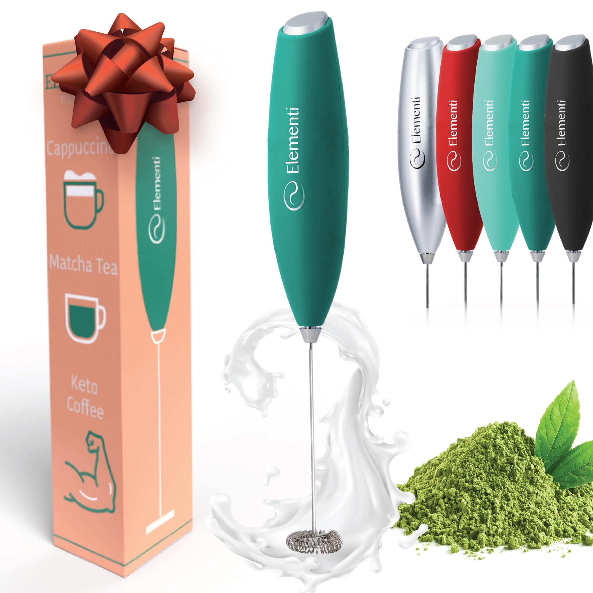 Elementi Milk Frother Handheld - Powerful Mini Matcha Frother Whisk - Hand Held Coffee Whisk Electric & Frappe Maker - Drink Mixer, Stirrer & Electric Milk Foamer (Emerald Green)