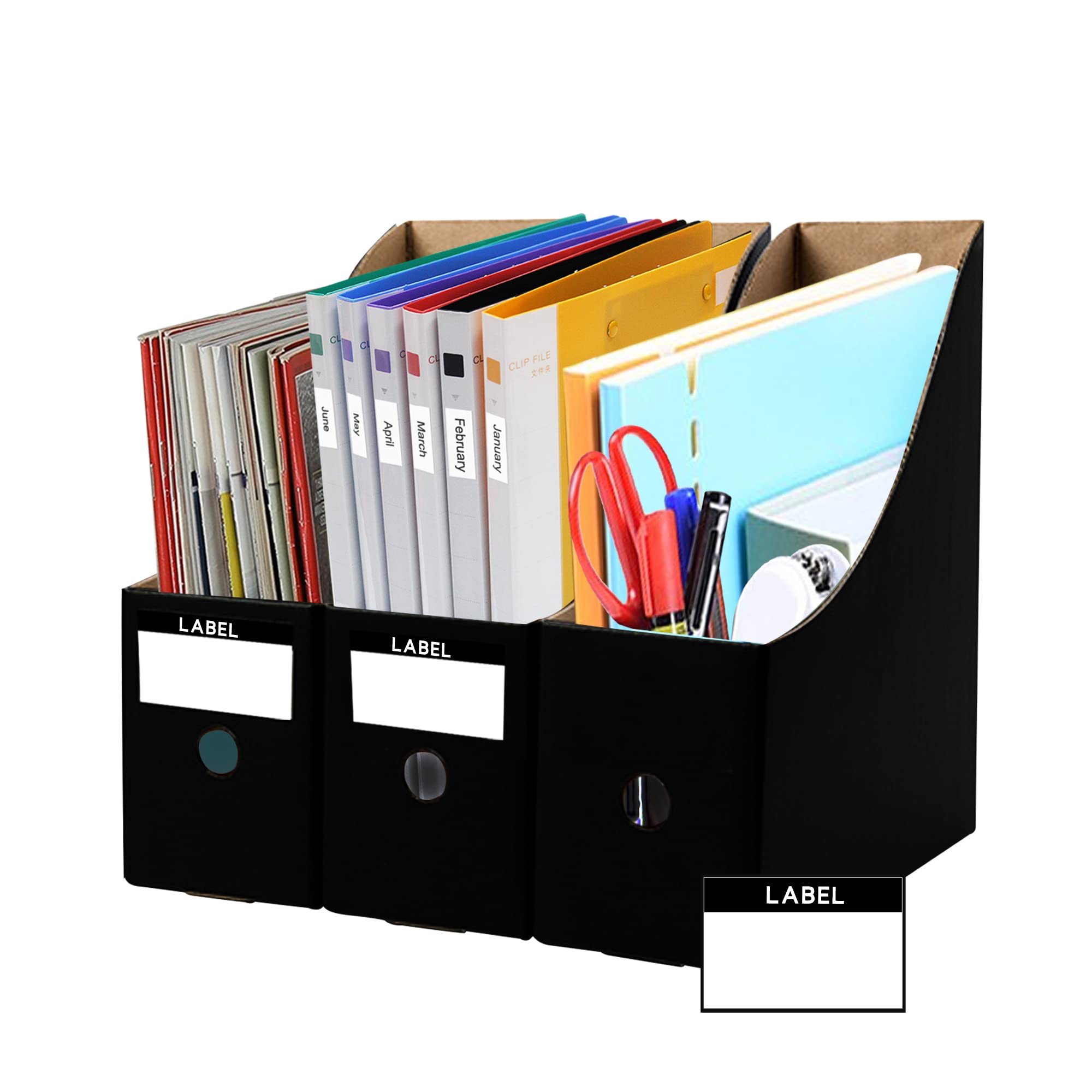 JINCHIDA 3 Pack Magazine File Holder with 3 Labels,Cardboard Magazine Holder for Files,Document Folder Holders A (Black, 3 PACK)