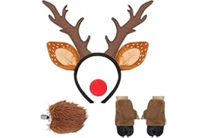Ausejopeac Reindeer Deer Costume set,Christmas Reindeer Antlers Headbands and Deer Brown Front Hooves with Red Nose Fawn Tail for Halloween Dress Up Cosplay Party