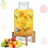 FillTouch 3 Gallon Drink Dispenser with Stand Glass Beverage Dispenser Drink Dispensers with Lid 18/8 Stainless Steel Spigot for Picnics, BBQ, Parties and Daily(Classic Style,Wood Stand)