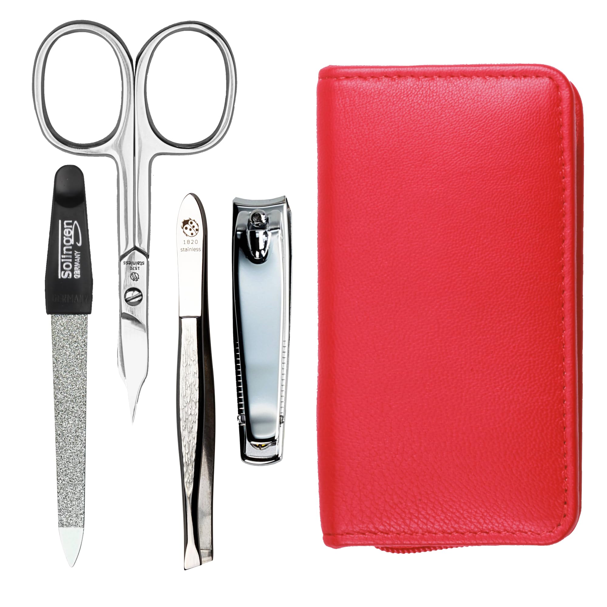 Manicure Set 4-Piece Travel Case - Nail Scissors, Nail Clippers, Nail File and Tweezers - Case Made of Genuine Nappa Lambskin Leather - Manicure and Pedicure (Red)